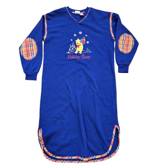 Vtg 90s Winnie The Pooh Nightgown Womens M Blue Fleece Elbow Patches Holiday - Picture 1 of 8